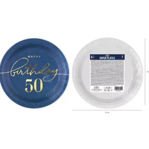Talerzyki papierowe 50 URODZINY granatowe 18 cm 6 szt.