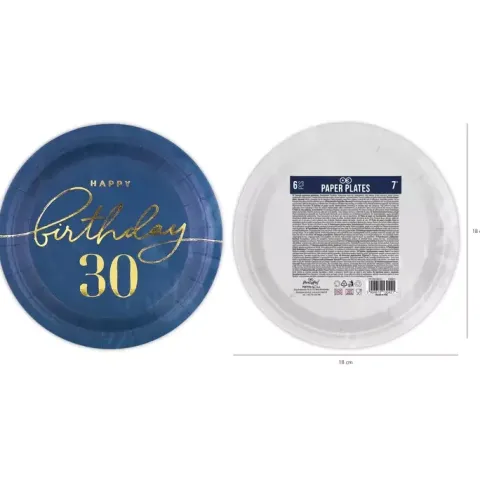 Talerzyki papierowe 30 URODZINY granatowe 18 cm 6 szt.