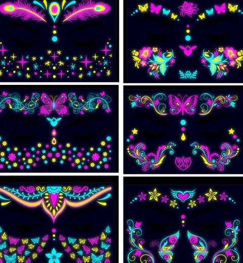 Tatuaże zmywalne wodne do twarzy fluorescencyjne UV mix wzorów
