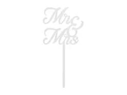 Topper akrylowy biały na tort weselny Mr & Mrs 16,5 cm
