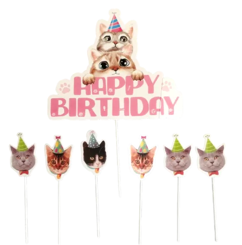 Toppery na tort kotki Happy Birthday zestaw 7szt.