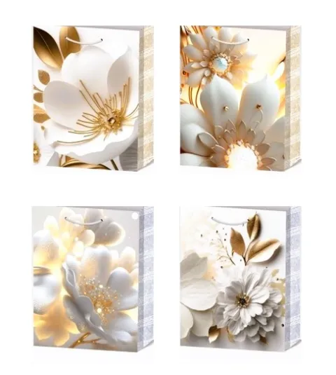 Torebka prezentowa elegancka Kwiaty biało złote 32x26x10 cm mix wzorów