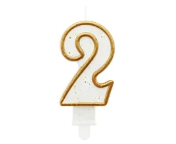 Świeczka urodzinowa cyfra 2 biała złoty kontur 8 cm