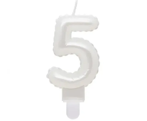 Świeczka urodzinowa cyfra 5 jak balon foliowy perłowa biała, 7 cm