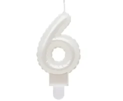Świeczka urodzinowa cyfra 6 jak balon foliowy perłowa biała, 7 cm