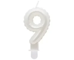Świeczka urodzinowa cyfra 9 jak balon foliowy perłowa biała, 7 cm