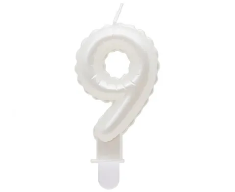 Świeczka urodzinowa cyfra 9 jak balon foliowy perłowa biała, 7 cm