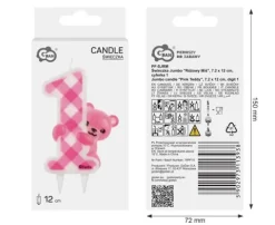Świeczka urodzinowa cyfra 1 różowa kratka z misiem 12cm