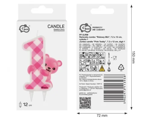 Świeczka urodzinowa cyfra 1 różowa kratka z misiem 12cm