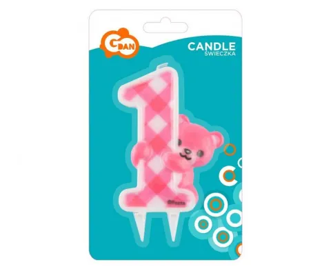 Świeczka urodzinowa cyfra 1 różowa kratka z misiem 12cm