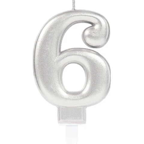 Świeczka urodzinowa cyfra 6 srebrna 9,3 cm