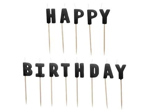 Świeczki pikery HAPPY BIRTHDAY napis czarny 13 sztuk