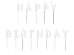 Świeczki pikery HAPPY BIRTHDAY napis biały 13 sztuk