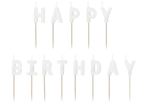 Świeczki pikery HAPPY BIRTHDAY napis biały 13 sztuk