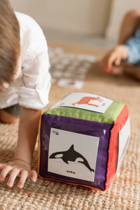 Zestaw Kostka Edukacyjna z kieszeniami + 78 kart zwierzęta PL