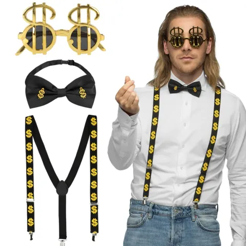 Zestaw szelki, mucha i okulary Dolar złoto czarny